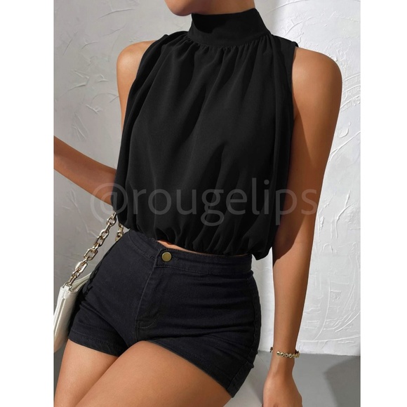 Black Crop Tulip Top High Neck Ties - Picture 7 of 9